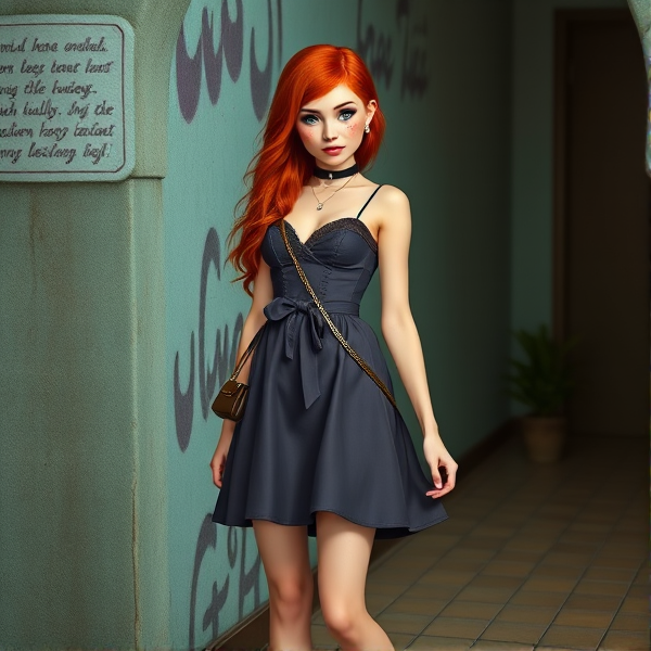 Girl with red hair and freckles with a short skirt, heels and a choker