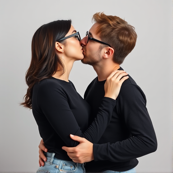 Skinny woman with dark brown hair, black glasses kissing a man with brown hair and glasses. Both wearing black long sleeve with light ripped jeans. Full body picture