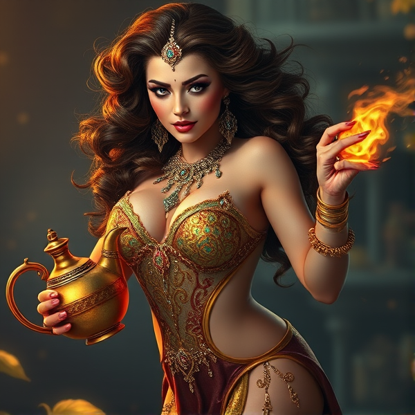 A voluptuous genie with luxurious curly brown hair, wearing an ornate gold and jewel-encrusted outfit, is being sucked back into her lamp.