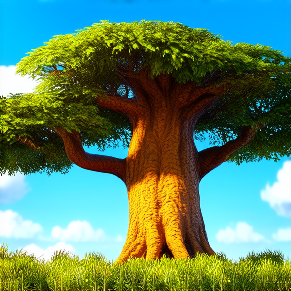 majestueux baobab aux feuilles vertes luxuriantes, éclairé par une douce lumière dorée du matin, ciel bleu clair en arrière-plan avec quelques nuages légers