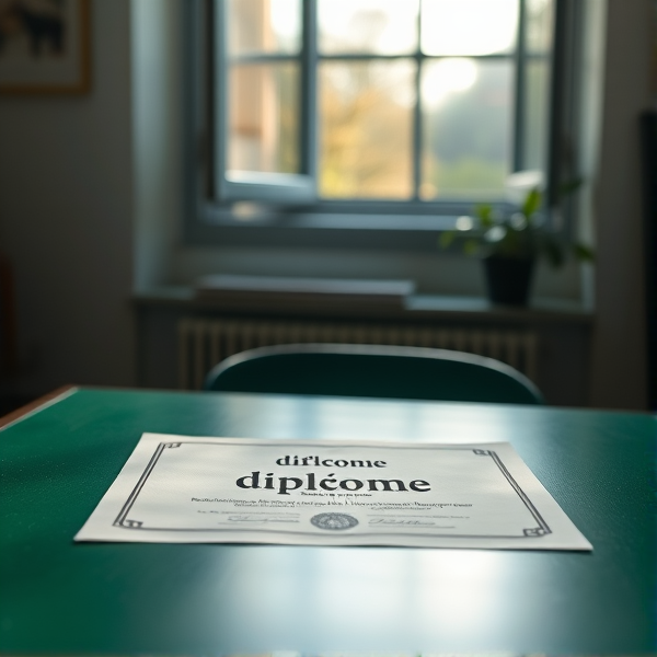 diplôme posé soigneusement sur une table verte avec l'inscription diplôme en français lumière douce de matin filtrant par une fenêtre ouverte, ambiance studieuse