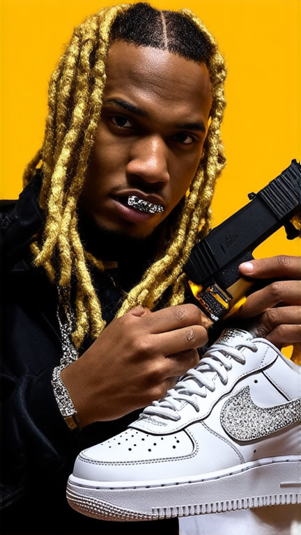 Un gangster stylisé avec des dreadlocks alternant blond et noir en torsades vanille, portant des chaînes scintillantes en diamants VVS et des grillz étincelants. Il est habillé d'un ensemble Fendi tendance, chaussé de Nike Air Force 1 blanches immaculées. Dans une main il tient un blunt roulé à la perfection, et dans l'autre main un Glock chargé, le tout capturé dans l'ambiance cool d'un studio de musique urbain