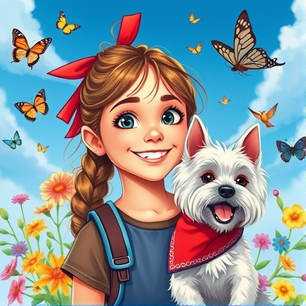Book cover with a lively 10-year-old girl and a brown ponytail, red ribbon, twinkle in her eyes. Blue sky background with butterflies, colorful flowers, birds, and a joyful Maltese terrier with a red bandana. Elements of adventure. Style reminiscent of realistic hand-drawn art.