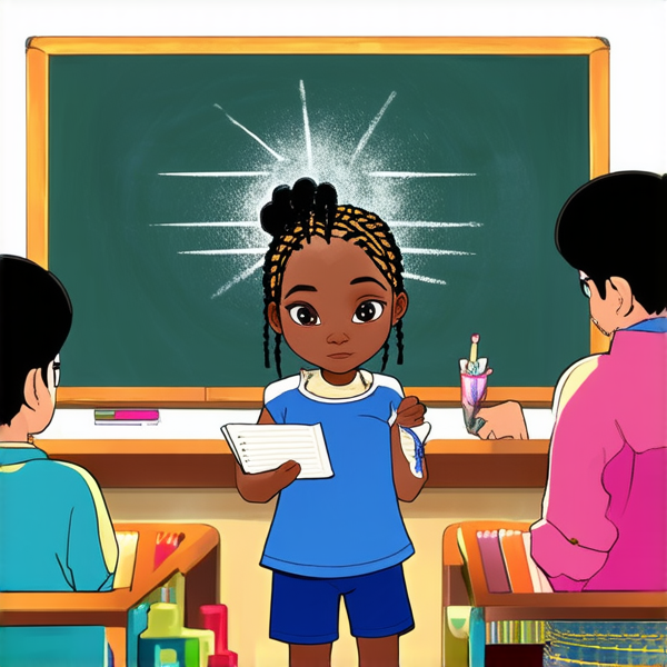 A 8 year-old African girl with intricate braided hair, standing confidently in a vibrant classroom environment, holding notebooks in her hands while facing a chalkboard filled with educational content