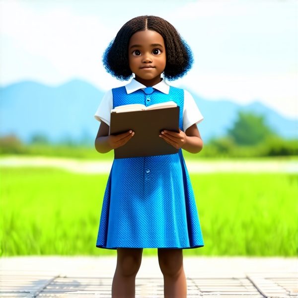 ecoliere en robe agée de 6ans noire avec des cheveux afro tenant un cahier dans ses mains