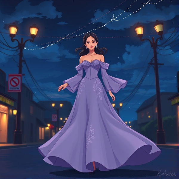 a floor length gown that was a light shade of lilac. The gown itself is flowy and made of light fabric, with a sweetheart neckline and a fitted bodice that hugged the waist with embroidered details on it and long flowy sleeves that are off the shoulders. The skirts flared out slightly at the hips, creating a gentle A-line shape.