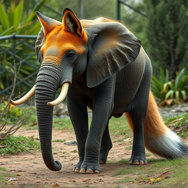 majestic elephant-fox hybrid creature with the body of an elephant and the agile features of a fox, gracefully poised in a natural setting