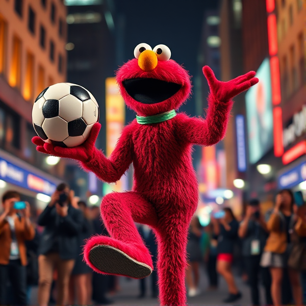 Elmo juggling a soccer ball with people taking photos