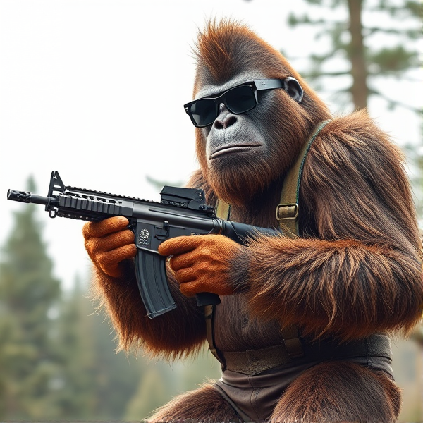 Big foot holding an assault rifle wearing sports glasses and 1980s suspenders