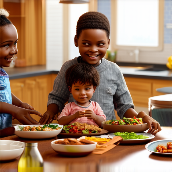 famille afro-américaine rayonnante de joie, réunie autour d'une table de salle à manger impeccablement dressée avec divers plats savoureux et colorés, dans une cuisine spacieuse aux touches contemporaines et éclairage chaleureux