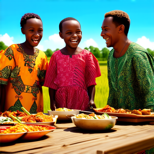 Famille nombreuse souriante réunie autour d'une table rustique en bois garnie de plats traditionnels africains, sous un ciel bleu dans un cadre champêtre avec des arbres et une végétation luxuriante, portant des vêtements africains colorés et variés, échangeant des rires et des conversations chaleureuses