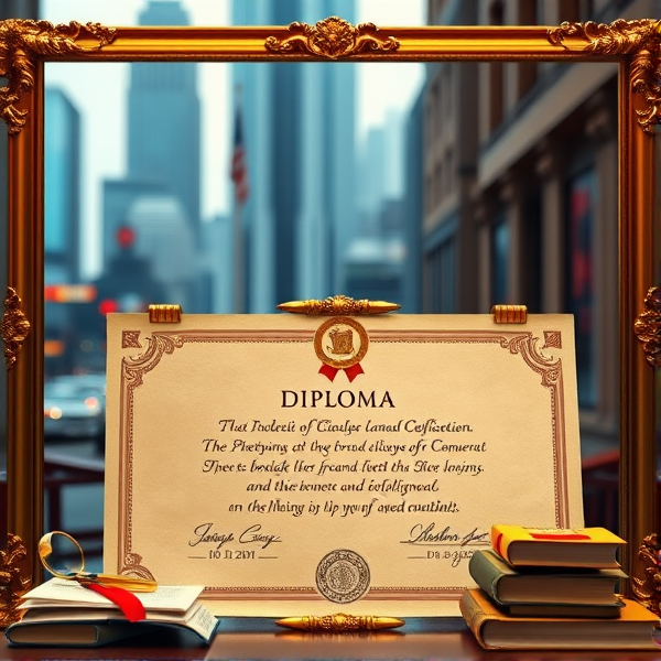 Prompt: Diplôme avec des bordures dorées sophistiquées, un sceau officiel en relief, une typographie classique et claire sur un fond en parchemin texturé, le tout présenté dans un cadre académique avec des livres et des symboles éducatifs posé sur table dans un cadre