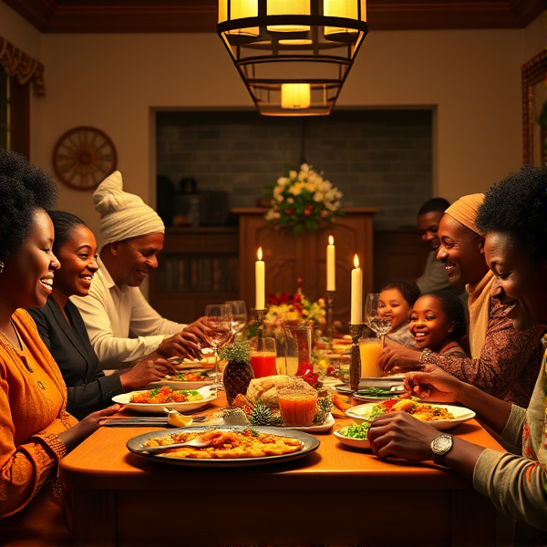 repas chaleureux d'une grande famille afro-américaine réunie autour d'une table festive, sourires et complicité, cuisine traditionnelle, intérieur accueillant