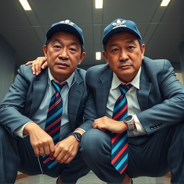 Deux  différents hommes d'affaires japonais puissants mature  accroupis et faché  portant des casquettes Adidas  et des cravates rayées longues  bleue rouge et oreillettes Apple 
Ils sont complices et conquérants , ils dominent 
 , accroupis pas trop et regard fort

Ils sont hypnotisant du regard , amis, complice , envoûtant , charismatique 
Ils se tiennent par les épaules , il fixent l objectif de la caméra

Vue contreplongée
Vue contreplongée