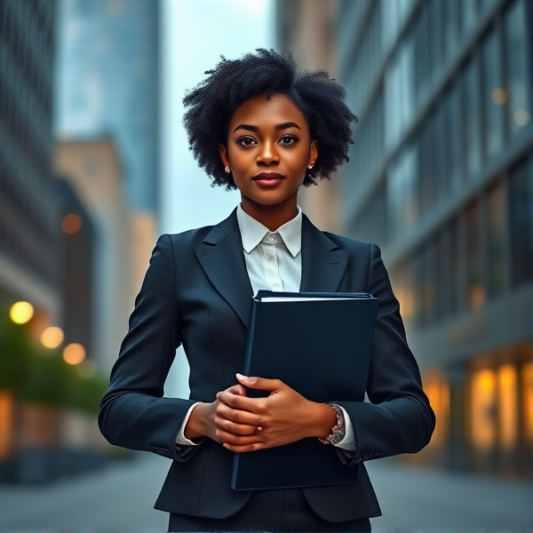 young African woman dressed in a stylish business suit, confidently holding a binder in her hands against an urban backdrop