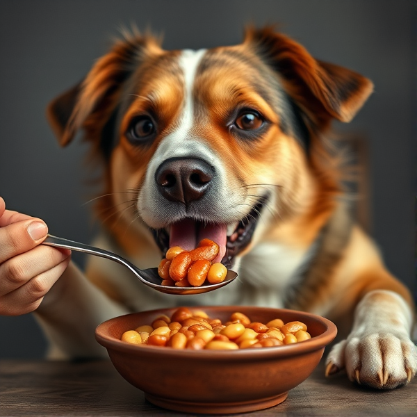 A dog holding a spoon and eating beans