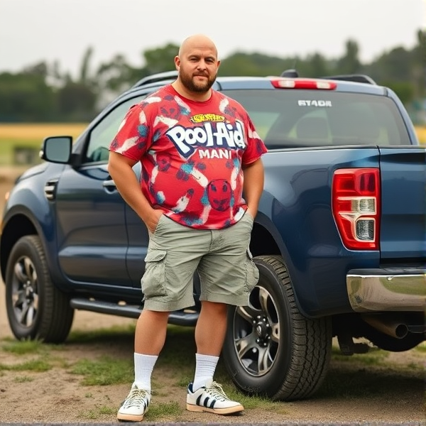 A bald 300 lb muscular man  wearing cargo shorts, a kool-aid man shirt, white socks, sketchers shoes, standing next to a navy blue Ford ranger