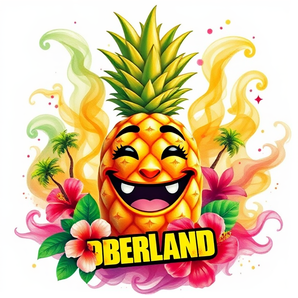 Conception de logo dynamique avec un ananas au centre, entouré par des motifs tropicaux vifs et joyeux. L'ananas, éclatant en jaune canari, est mis en valeur par des nuances vibrantes de vert lime et de rose corail. Autour de lui, des mini palmiers, des fleurs d'hibiscus raffinées et des feuilles de monstera ajourées créent une ambiance exotique. Les volutes de fumée colorées se tissent autour pour former un visage souriant et plein d'énergie, avec des yeux étincelants et une bouche grande ouverte qui semble rire. Cette fumée doit avoir la légèreté et les mélanges délicats propres à l'aquarelle, se dissipant dans l'air pour suggérer que le logo s'anime dans une célébration vivante d'un carnaval tropical. La typographie du nom de la marque est fluide, imaginative et exprime une atmosphère festive et chaleureuse. L'esthétique globale doit refléter un esprit novateur et une vitalité foisonnante.