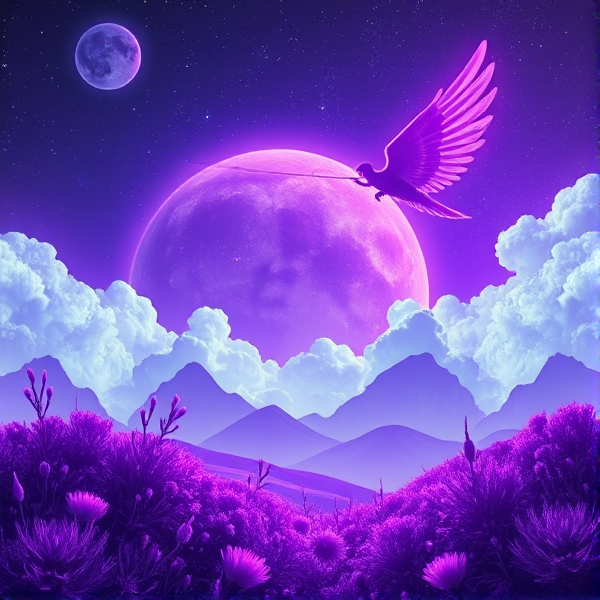 Purple planet with Purple angel and purple glowing plants and white wave green glowing clouds
