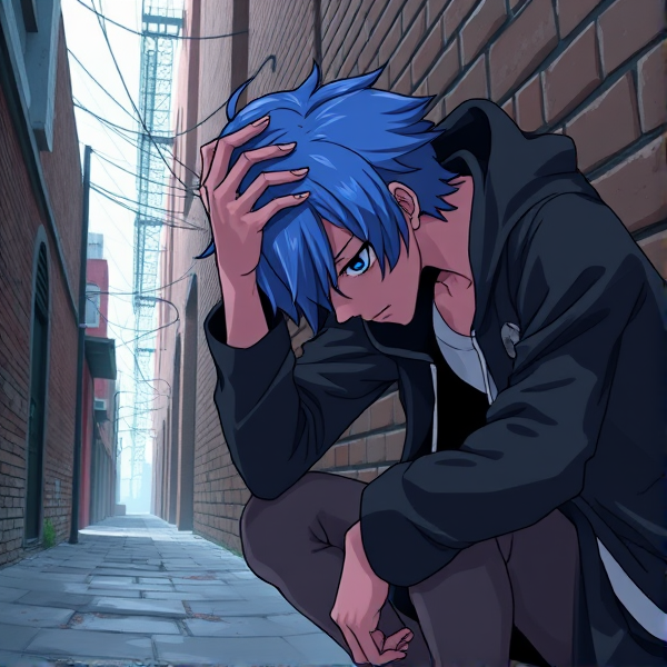 My hero academia oc hunched over in the alleyway in pain grabbing his head with blue hair and eyes.