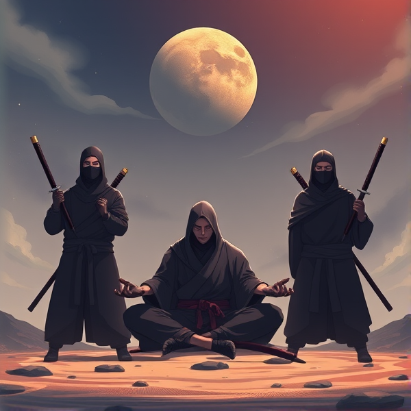 Two ninjas stand right behind the one samurai meditating with eyes open