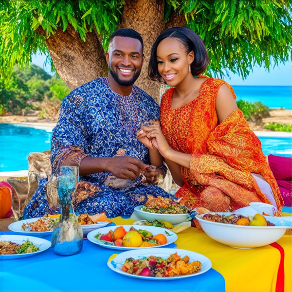 prompt: Un grand repas de famille traditionnel en plein air sous un baobab en Afrique, avec des plats locaux colorés et variés, des fruits exotiques, une grande nappe colorée, des hommes et femmes africains vêtus de tenues traditionnelles multicolores souriants et partageant un moment convivial