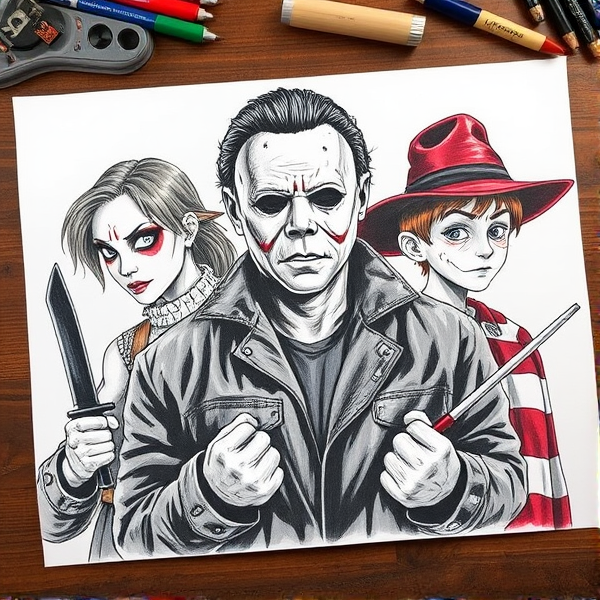Draw horror movie characters Michael Myers, freddy, jason
