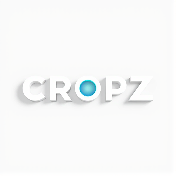 Create a 3D logo featuring the brand name “CROPZ” in a bold, clean, sans-serif font. Integrate the CapCut app icon subtly into the design, ideally within the "O" or cleverly as part of another letter without dominating the logo. The style should be sleek and modern with a professional and minimalist aesthetic. Utilize a color palette that includes crisp whites, cool grays, and an accent of vibrant blue or green to highlight the design’s contemporary feel. Ensure ample negative space is present to promote a minimalistic look. Aim for a composition that exudes innovation and sophistication, suitable for both digital and print media applications, embodying forward-thinking versatility.
