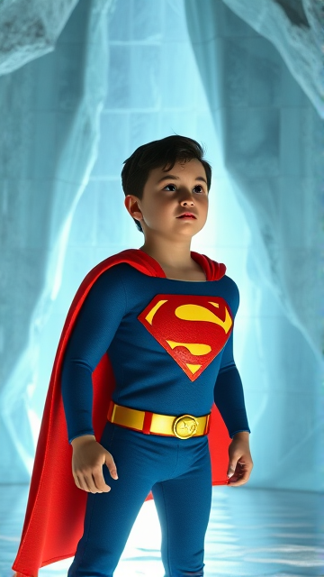 1990's Cinematic Movie Scene: Jon Kent, AKA Superboy, the young little 12-year old super son of Superman, and the first kid to be born as the world's first Half-Kryptonian child. Despite being a kid, he has all of his father's powers, with an extremely muscular body, the iconic costume, the singular curled bang sticking out at the front of his flat and smooth black hair, and a long cape. The young little Half-Kryptonian, Jon Kent, now Superboy, stands in his secret icy crystal lair in the Arctic, the Fortress Of Solitude, ready for action as he prepares to take flight for the first time so he can honor his deceased father's legacy and fulfill his destiny.