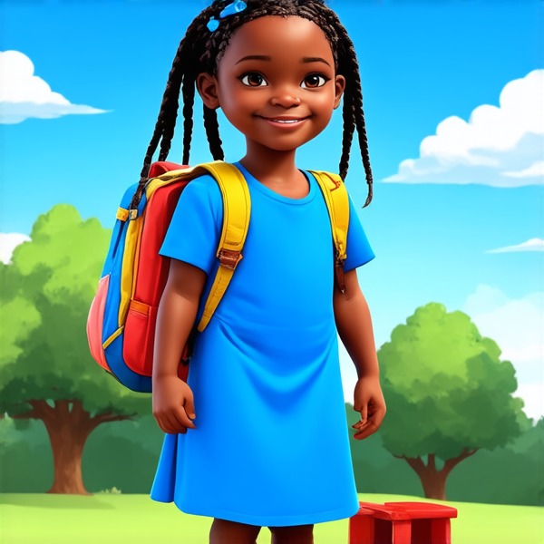 Jeune fille africaine de 8 ans habillée en robe bleue portant des tresses africaines élaborées et un sourire joyeux, debout fièrement avec un cartable coloré sur le dos devant une école primaire, sous un ciel bleu clair d'après-midi.