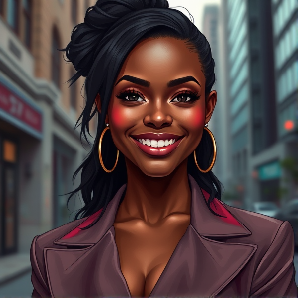 Elegant young African American woman with a vibrant smile, stylishly dressed in modern fashion, posing confidently against an urban background