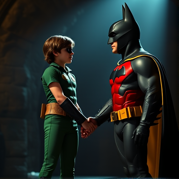 Movie Scene: A medium, preteen 12-year old boy with light skin and dark brown hair named Connor Bardley, but dressed as Robin, The Boy Wonder, with an extremely muscular body, a sleek green suit with a red torso with a black circle with a yellow R symbol on his left pectoral, a gold utility belt, black boots, black long-cuffed gloves, a big, heel-length, ultra-wide collared cape that's black on the outside and yellow on the inside, and a black eye mask, standing in the Bat Cave, where he meets Batman for the first time, where they shake hands and officially team up.