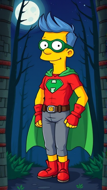 Milhouse Van Houten from The Simpsons, with his yellow skin, really big round nose, and blue hair that's slicked back and curled up at the top, but as a tall, 18-year old teenager, dressed as a parody of Robin, The Boy Wonder, with an extremely muscular torso and arms, a green bodysuit with a red torso adorned with a green H symbol on his chest, a grey utility belt, red boots, red long-cuffed gloves, a big, heel-length long, ultra-wide green cape, and a green eye mask with optical lenses in it, now known as Houseboy, The Nerd Wonder, the other half of Springfield's Dynamic Duo, and one of the greatest vigilante superheroes ever known in Springfield. He is currently standing in the forest at night, taking a break from his heroic duties to reflect on his growth and transformation into the vigilante he has become.