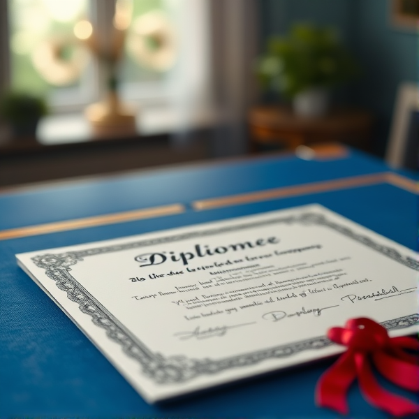 Diplôme écrit en français posé sur une table  bleue