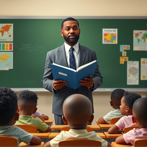 Directeur d'école afro-américain debout tenant un classeur ouvert dans ses mains portant un costume formel, dans une salle de classe avec un tableau vert, s'adressant  à un groupe d'élèves afro-américaines attentives de huit ans assises à leurs pupitres. Ils sont entourés de matériel pédagogique adapté à leur âge, comme des cartes géographiques, des affiches éducatives et des dessins d'enfants accrochés aux murs. La scène dégage une atmosphère chaleureuse et encourageante.