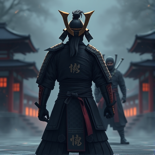 One samurai is standing ready to fight with one ninja standing in front of him and one behind of him