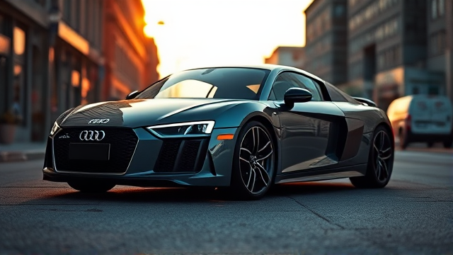 Audi R8 parked on a city street at sunset, sleek body reflecting the warm light, with clear details showing its iconic design and luxury features
