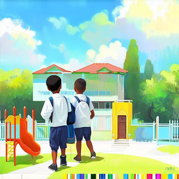 bâtiment d'une école primaire traditionnelle avec cours de récréation, enfants noirs africains en uniforme scolaire chemise blanche et pantalons bleu marine avec des cartables