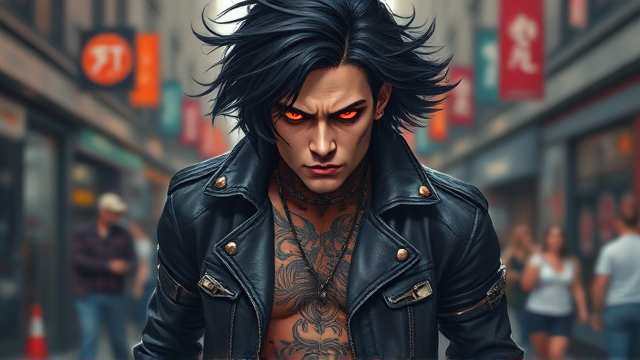 A visceral representation of wrath incarnate in the form of a young man with tumultuous black hair tumbling over his brow, partially obscuring his intense, glowing red eyes that burn with inner fury. His expression is etched into a permanent scowl, exuding an aura of menace and impatience. Clad exclusively in a rugged leather jacket festooned with menacing spikes and coordinating trousers that cling to his lithe form, he strides down an urban street. The man's skin serves as a canvas for intricate tattoos that weave across his visible flesh, interspersed with gleaming piercings that accentuate his rebellious nature. Around him, the populace recoils in apprehension, parting before him like the sea before a tempest-driven vessel.