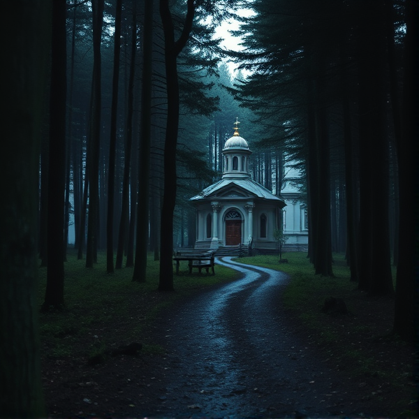 Chemin avec une église orthodoxe au bout dans une forêt sombre et humide