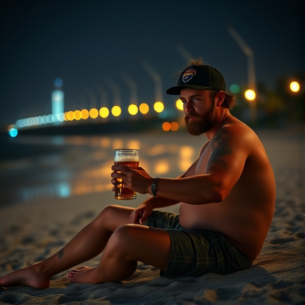 Australian person sitting on the beach with a beer
