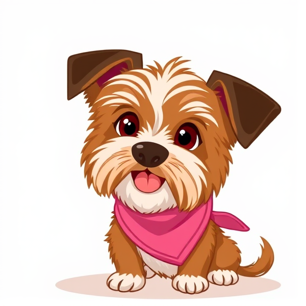a cartoon of a sassy brown and white tibetan terrier with black ears and a pink bandana