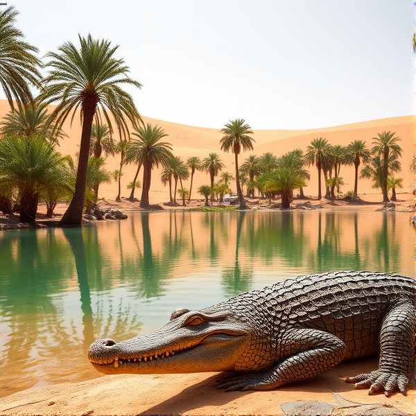 An oasis in the Sahara desert featuring a tranquil lake surrounded by palm trees, with a fantastical creature that has the head of an Australian dingo and the scaly body of a Nile crocodile prominently displayed in the foreground