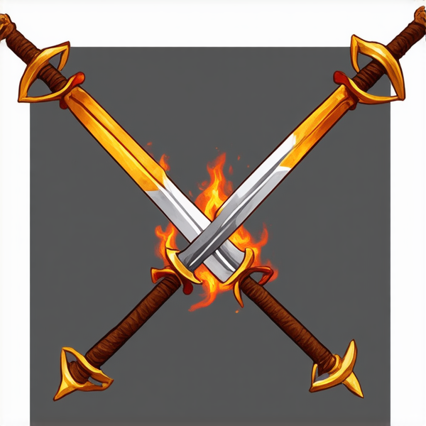 Trois épées croisées en leur centre. L'épée du milieu représentant l'élément du feu est placée verticalement. L'épée représentant l'element de la terre de manière féminine, elle est placée avec un angle 315 degrés par rapport à l'épée verticale représentant le feu. L'épée représentant l'élément du vent est placée 45 degrés par rapport à l'épée verticale représentant l'element du feu. Les épées sont de style médiéval européen et ont leur pommeau vers le haut. L'image doit être réaliste.