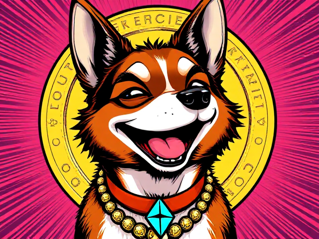 A cartoon NEIRO dog, make him laugh and wear a crypto ethereum necklace and have a crypto btc coin as background