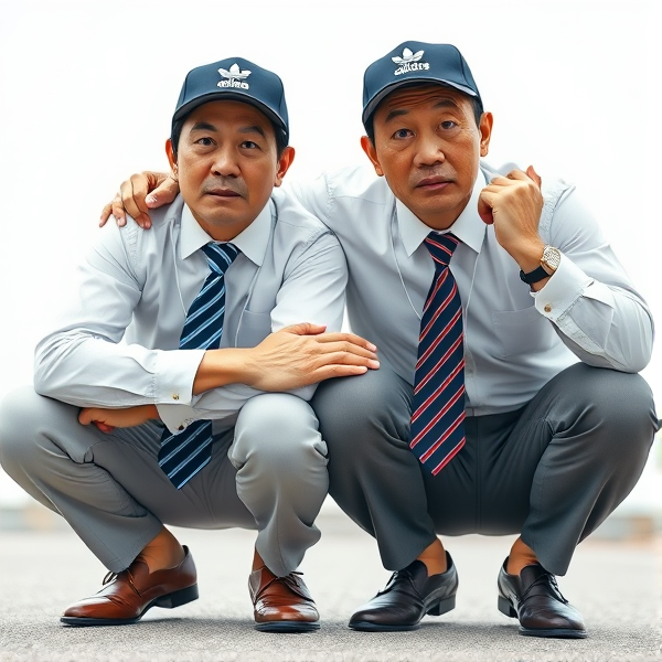 Deux  différents hommes d'affaires japonais puissants mature  accroupis et faché  portant des casquettes Adidas  et des cravates rayées longues  bleue rouge et oreillettes Apple 
Ils sont complices et conquérants , ils dominent 
 , accroupis pas trop et regard fort

Ils sont hypnotisant du regard , amis, complice , envoûtant , charismatique 
Ils se tiennent par les épaules , il fixent l objectif de la caméra

Vue contreplongée