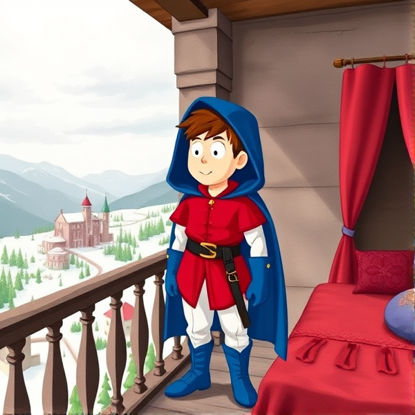 Clyde Donovan from South Park, light skin and brown hair, but as a 14-Year Old, dressed as a medieval prince with a red shirt with white sleeves, a black belt with a gold buckle, white pants, blue boots, blue long-cuffed gloves, and wreathed in a really big, heel-length long, ultra-wide blue hooded cape, now known as Prince Donovan. Despite still being a kid, he is the Youngest Ruler of South Park, Colorado, but now reborn as the real life Kingdom of Kupa Keep, Zaron, and Prince Donovan is its youngest and greatest hero. The young teenage prince of Kupa Keep is currently standing on his bedroom balcony in his new home of Kupa Keep Castle, looking out to the horizon and happily admiring the amazing view of his newfound kingdom that was once the small mountain town he knew before.
