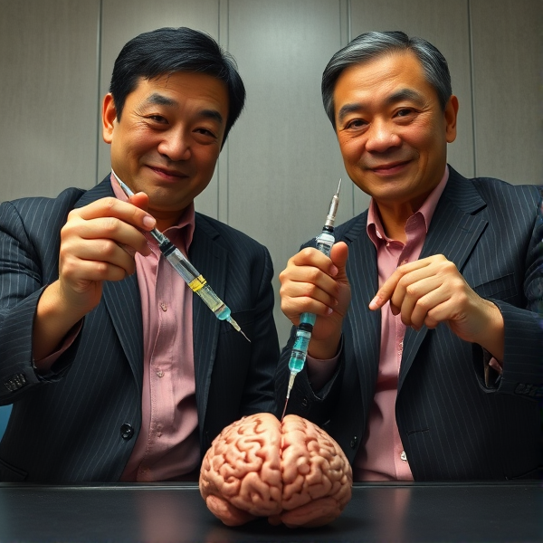 Deux hommes d'affaires japonais d'âge mûr accroupis et avec des cravates rayées larges et des chemises roses. Ils fixent l'objectif de la caméra avec une expression sérieuse mais un léger sourire aux lèvres. Dans leurs mains, ils tiennent des seringues médicales, injectant un liquide fluo dans un cerveau humain posé à leurs pieds, en dehors du champ de vision direct. La prise de vue est en contre-plongée, mettant en valeur leur geste intrigant et leur posture imposante.
Accroupis en cravate sans veston