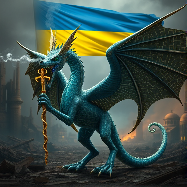 An exquisitely crafted wyvern, sleek and aerodynamic, with a pair of majestic wings adorning either side of its sinewy frame. Its scales are a marvel of complexity, akin to miniature circuit boards with interwoven lines that pulsate with an artificial glow, simulating the rhythmic beat of life. Plumes of digital smoke waft from its nostrils in sync with the deep, vibrating growls that reveal razor-sharp fangs aglow with electrical energy. Clutched in its clawed hand is a Caduceus staff, symbolizing healing and commerce. To honor cultural heritage and solidarity, elements reflective of the Ukrainian flag's blue and yellow hues are weaved into the creature's design. The wyvern stands dominant against a backdrop of stark ruin and decay characteristic of a world after collapse; in the distance unfurls the Ukrainian flag—halved horizontally, celestial blue atop vibrant yellow.