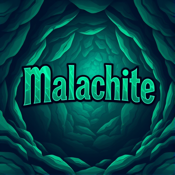 The word malachite colored with malachite with a cave background